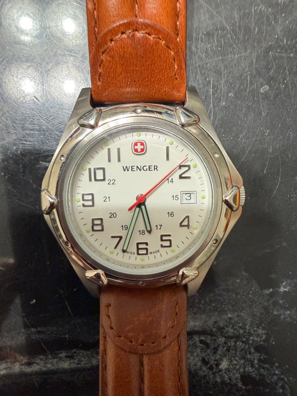 Wenger Silver Dial Watch with Brown Leather Strap
